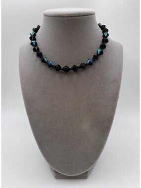 Vintage Black AB Glass Beaded Necklace Signed Japan Faceted 15 Inch